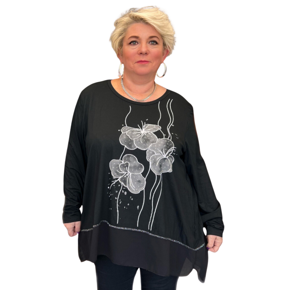 LONG SLEEVE CHIFFON HANKY HEM TOP WITH SPARKLY STUDDED FLOWERSBLACK / UK 16-18