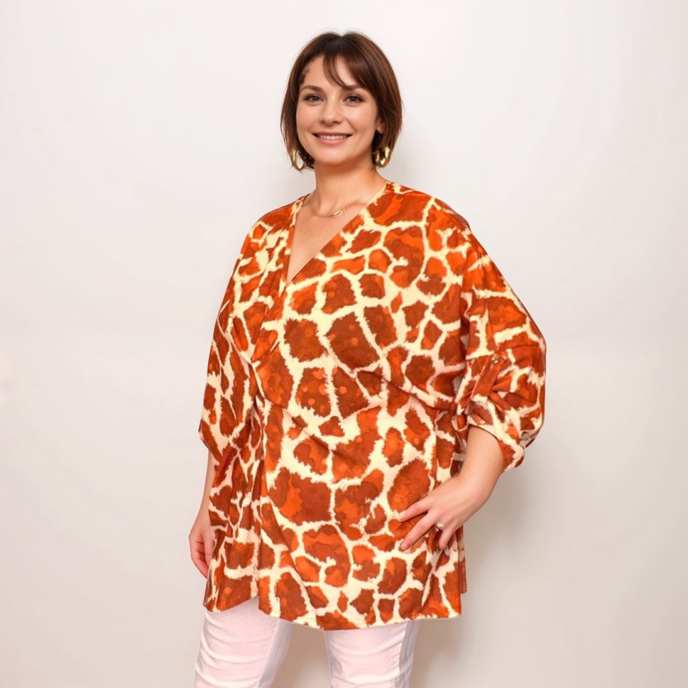 ROCKTHOSECURVES GIRAFFE PRINT V NECK KNOT FRONT LOOSE FITTING BLOUSEOrange / UK 16-18