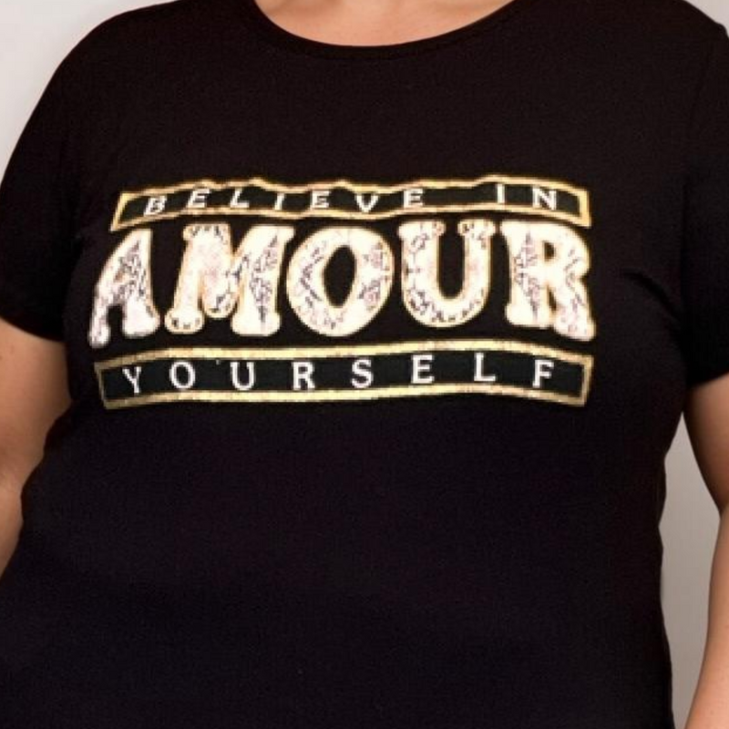 ROCKTHOSECURVES AMOUR SHORT SLEEVE T-SHIRT GOLD STITCHING