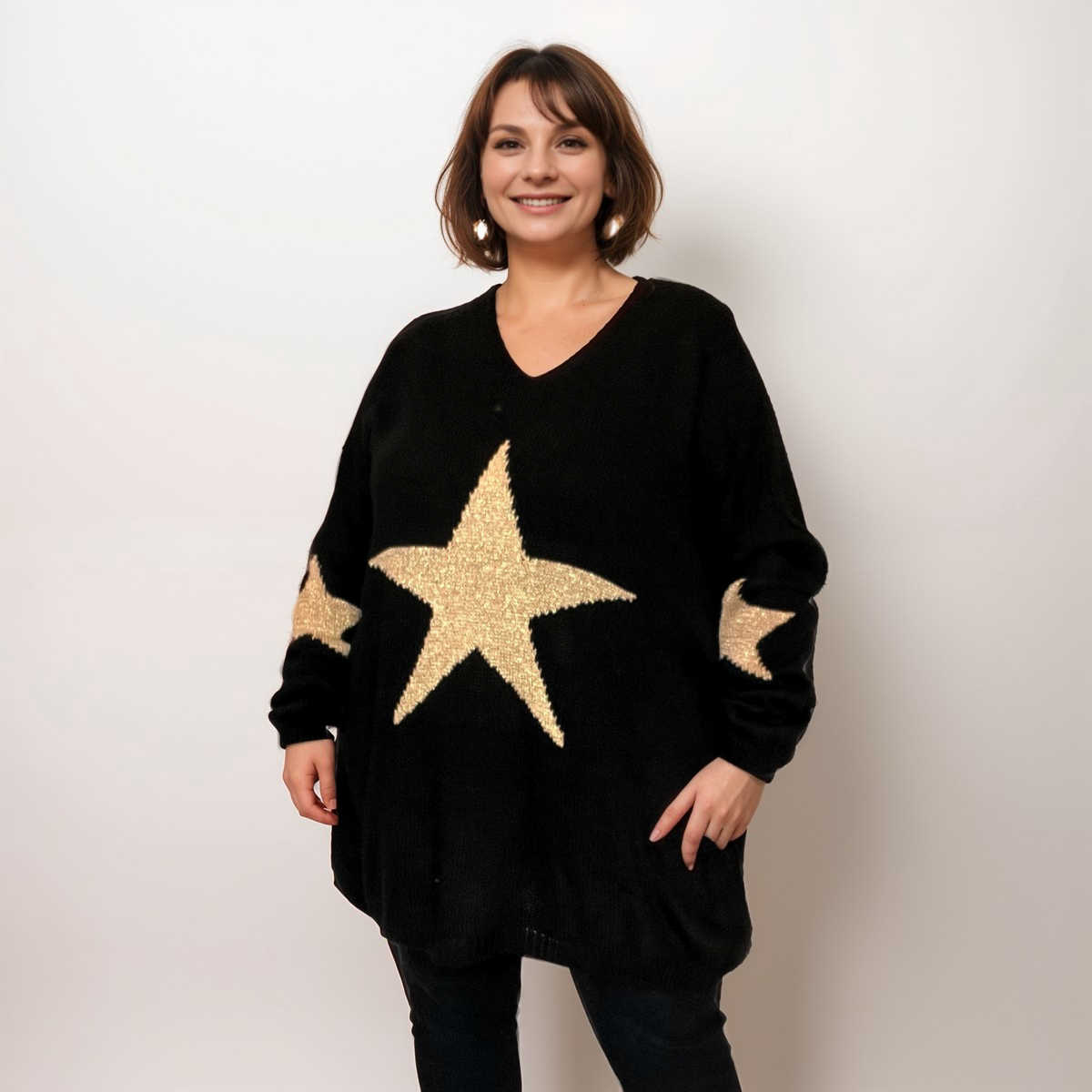 ROCKTHOSECURVES OVERSIZED V NECK KNITTED JUMPER WITH GOLD STARS