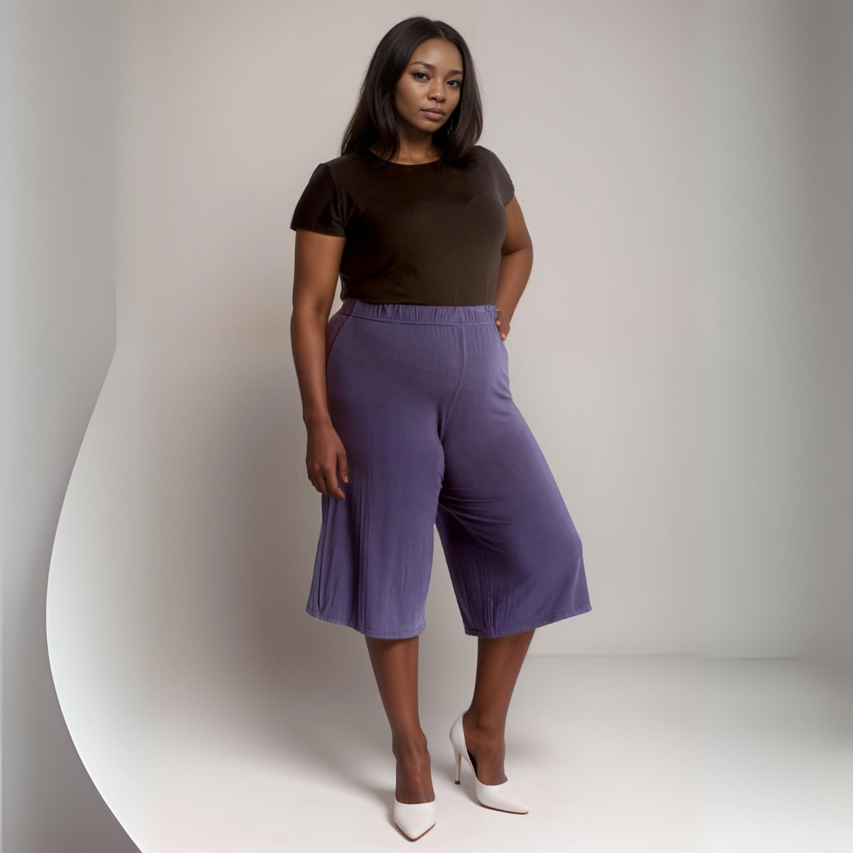 PLAIN ELASTIC HIGH WAIST WIDE LEG CULOTTES SHORTS rockthosecurves