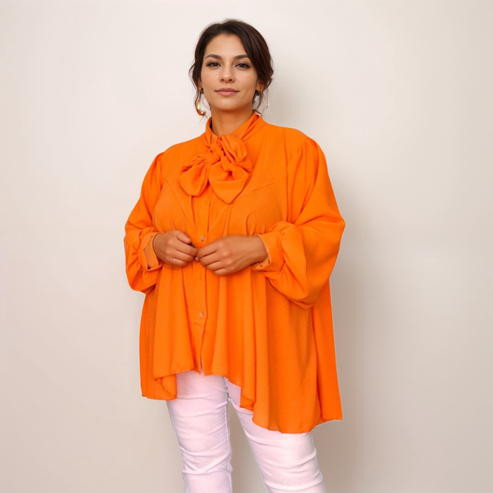 ROCKTHOSECURVES DIPPED HEM TIE NECK LOOSE FITTING BLOUSEOrange / UK 12-14