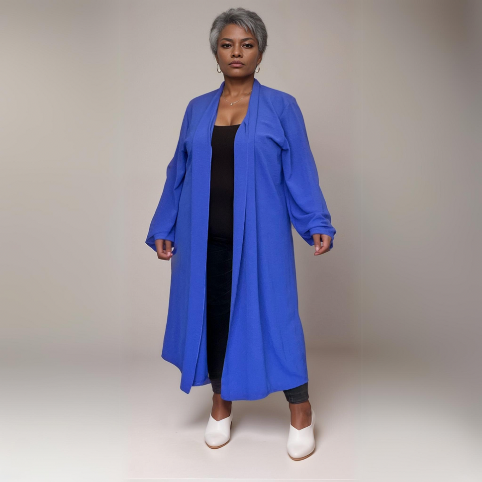 ROCKTHOSECURVES LONG SLEEVE OPEN FRONT DUSTER JACKETROYAL BLUE / UK 16-18