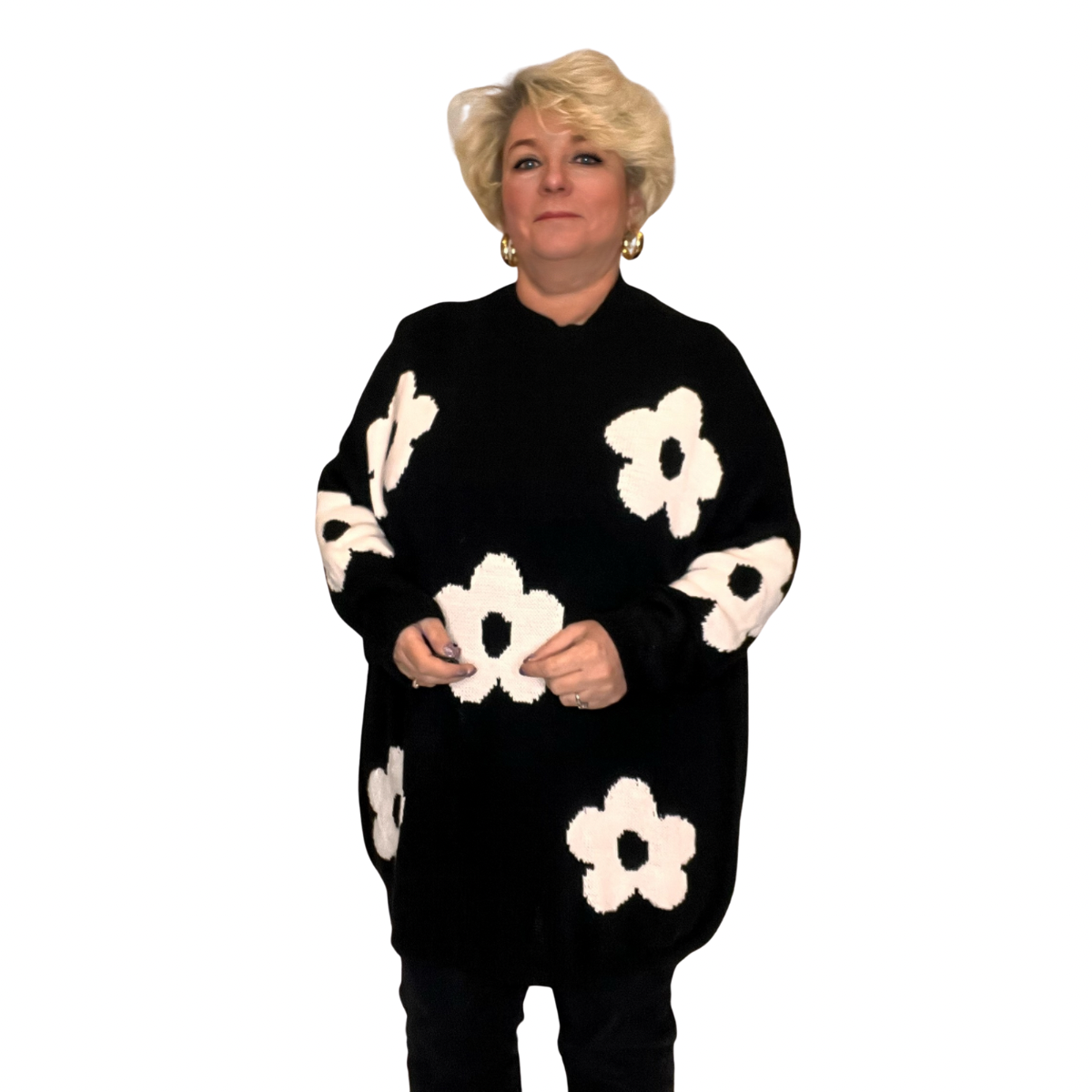 LONG LENGTH TURTLE NECK JUMPER WITH FLOWERS