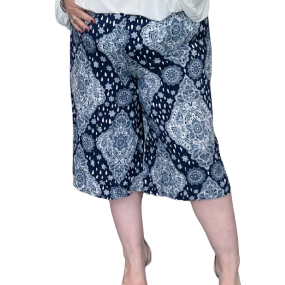 MORROCAN TILE PRINT ELEASTIC WAIST CULOTTES / SHORTSNavy Blue / UK 12-14