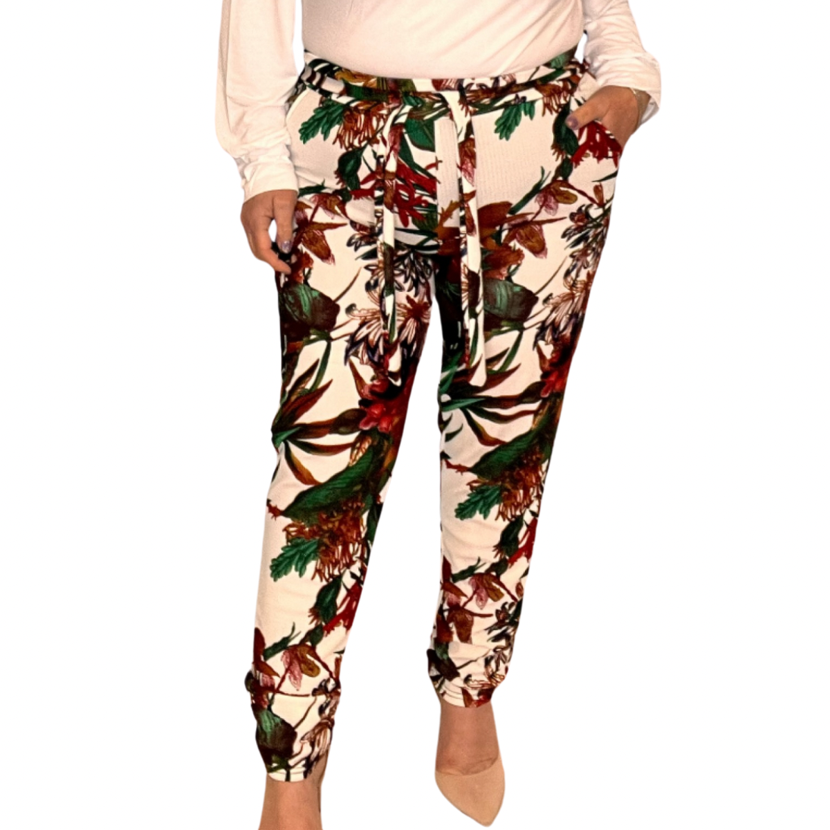 TROPICAL LEAF TIE WAIST SKINNY FIT TROUSERS