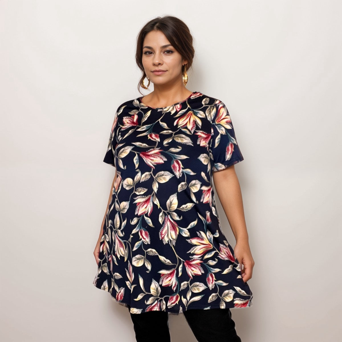 ROCKTHOSECURVES NAVY BLUE LEAF PRINT SHORT SLEEVE SWING TOP