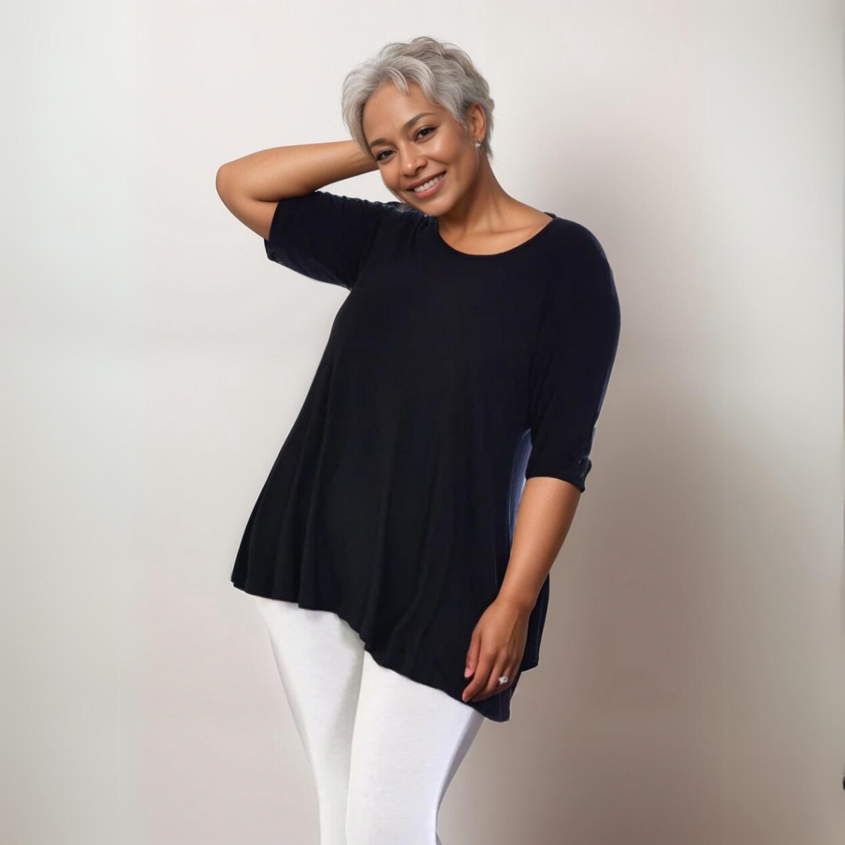 Plus‑Size 3/4 Sleeve Swing Top with Button Sleeves