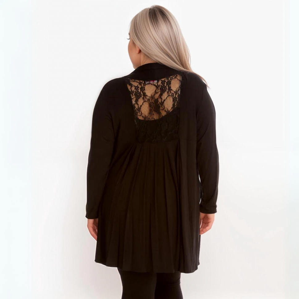 LONG LENGTH OPEN FRONT CARDIGAN WITH LACE PANEL TO BACK