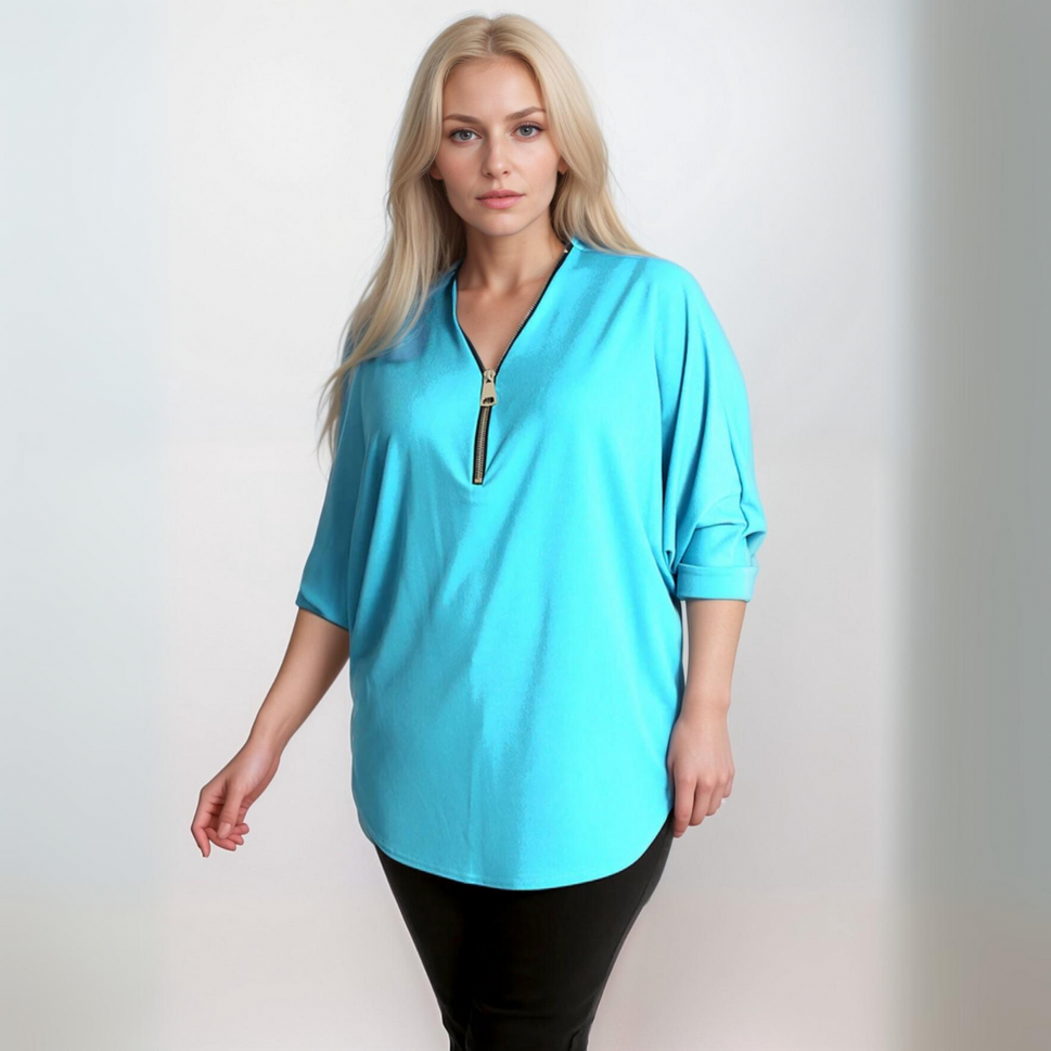 DIPPED HEM BATWING BLOUSE WITH ZIP V-NECKTEAL / UK 12-14