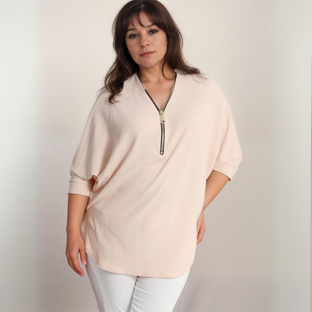 ROCKTHOSECURVES DIPPED HEM BATWING BLOUSE WITH ZIP V-NECK