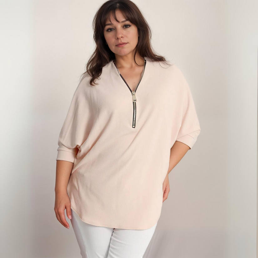 DIPPED HEM BATWING BLOUSE WITH ZIP V-NECK