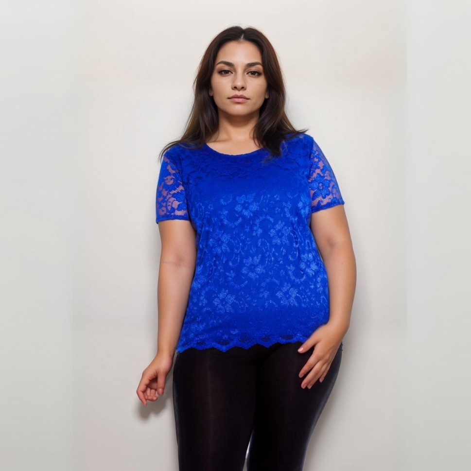 ROCKTHOSECURVES LINED LACE BLOUSE WITH SCALLOP HEMRoyal Blue / UK 14