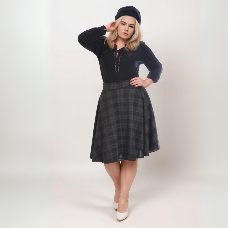 ROCKTHOSECURVES TARTAN A-LINE SWING SKATER SKIRT WITH ELASTICATED WAISTCharcoal / Black / UK 14