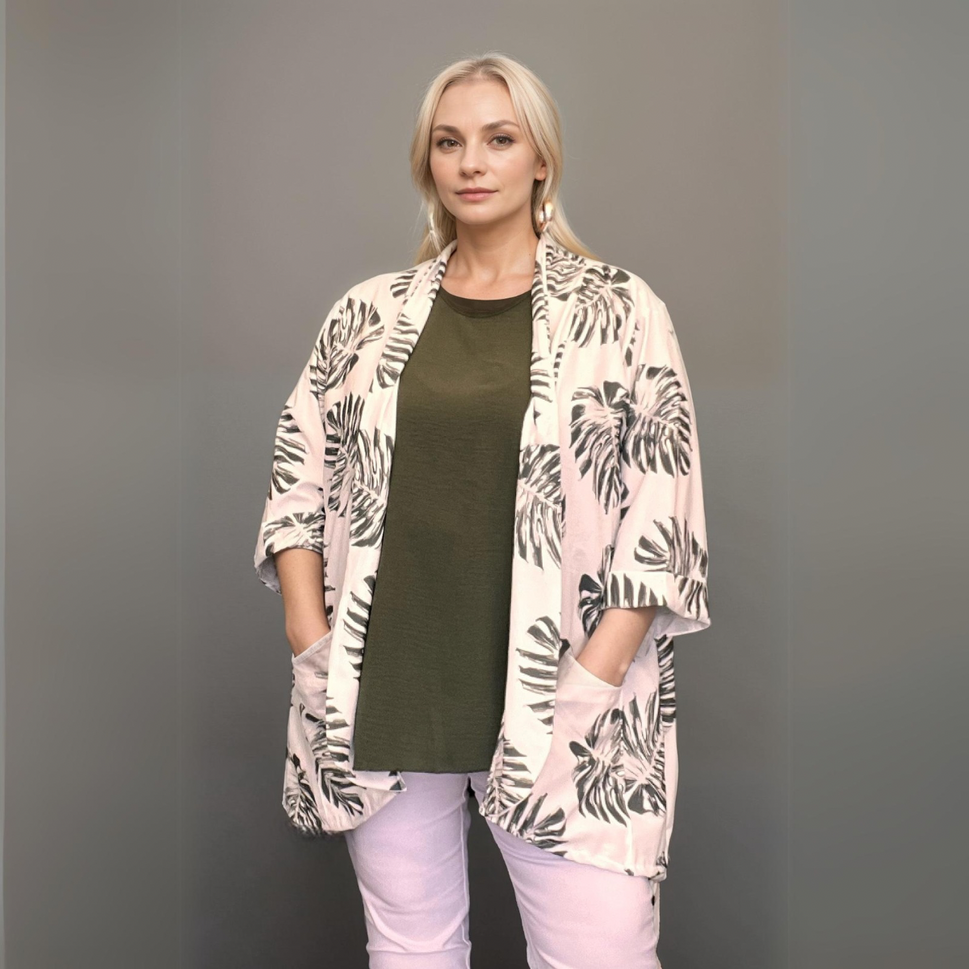 ROCKTHOSECURVES OPEN FRONT LOOSE FITTING LEAF PRINT JACKET WITH POCKETSKHAKI / UK 16-18