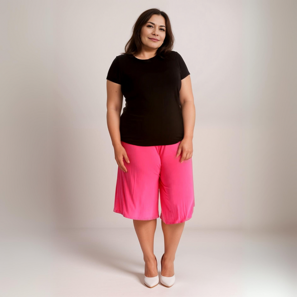 PLAIN ELASTIC HIGH WAIST WIDE LEG CULOTTES SHORTSFUCHSIA / UK 12-14