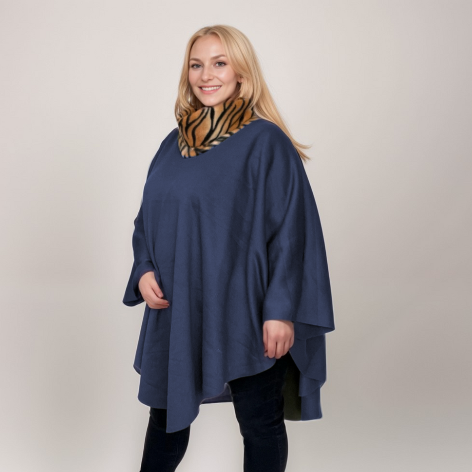 FLEECE POLO NECK OVERSIZED PONCHO / JUMPERNAVY / ONE SIZE