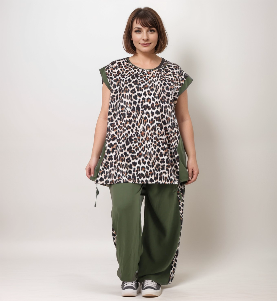 TWO PIECE LEOPARD PRINT TROUSERS SUITKHAKI / UK 14