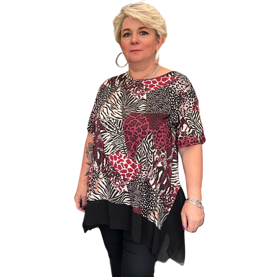 ROCKTHOSECURVES SHORT SLEEVE ABSTRACT TOP WITH CHIFFON HANKY HEMWINE / UK 16-18