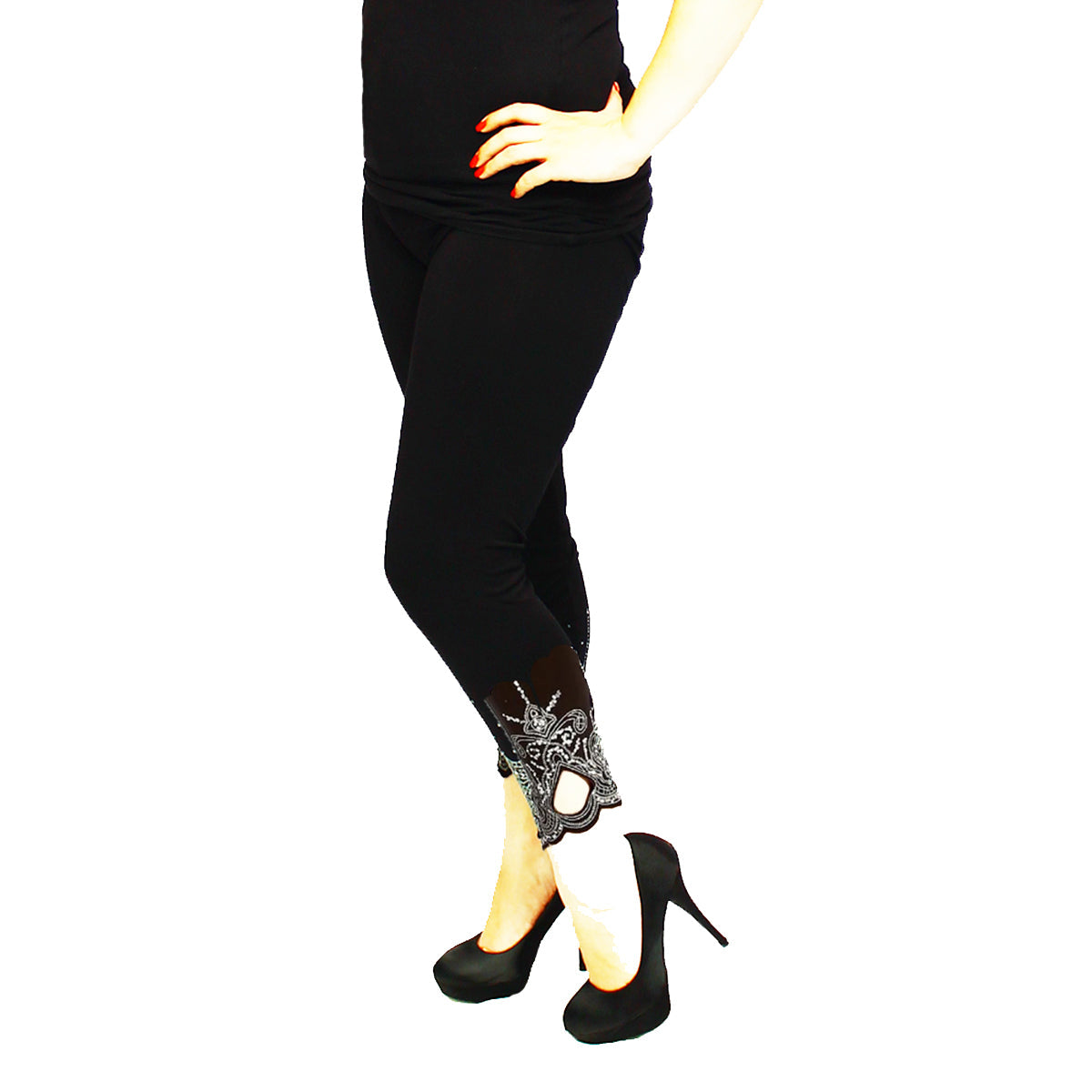 ROCKTHOSECURVES BLACK SOFT STRETCHY HIGH RISE LEGGINGS WITH SEQUIN CUT OUT HEM