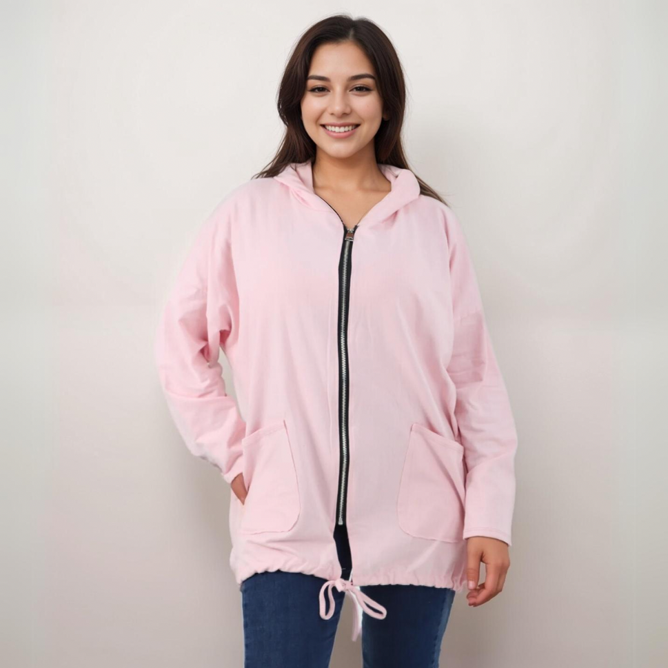 PLAIN LONG LENGTH ZIP UP HOODIE JACKETPINK / UK 16-18