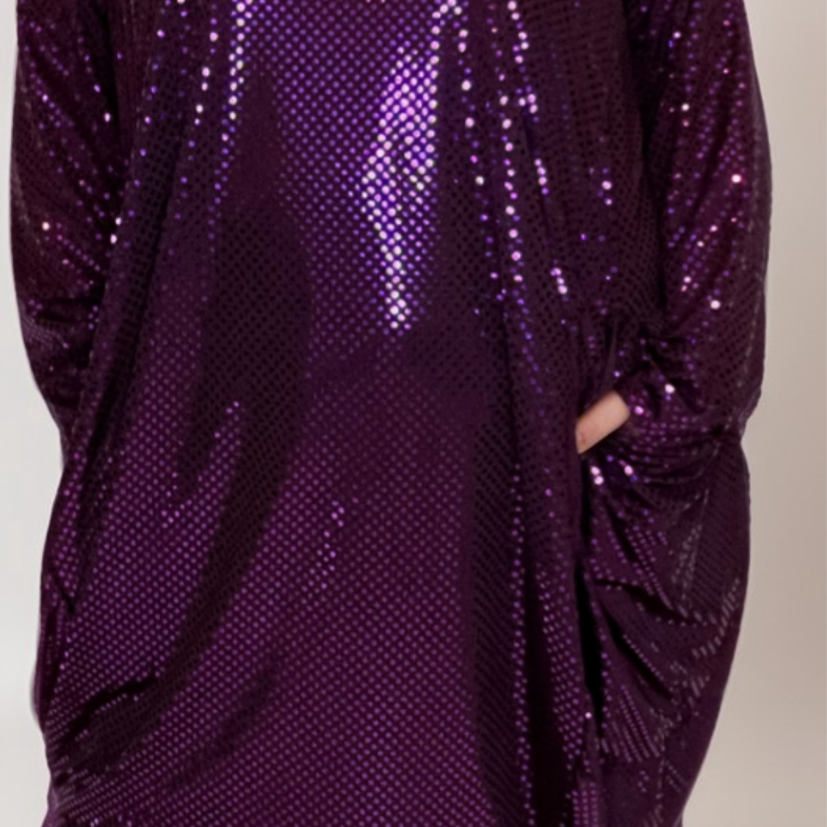 PURPLE SEQUIN LOOSE FIT DIPPED HEM DRESS + POCKETS