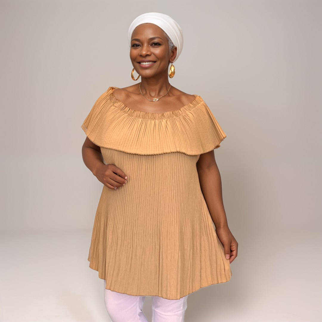 CRINKLED PLEATED LONG OFF SHOULDER TOP