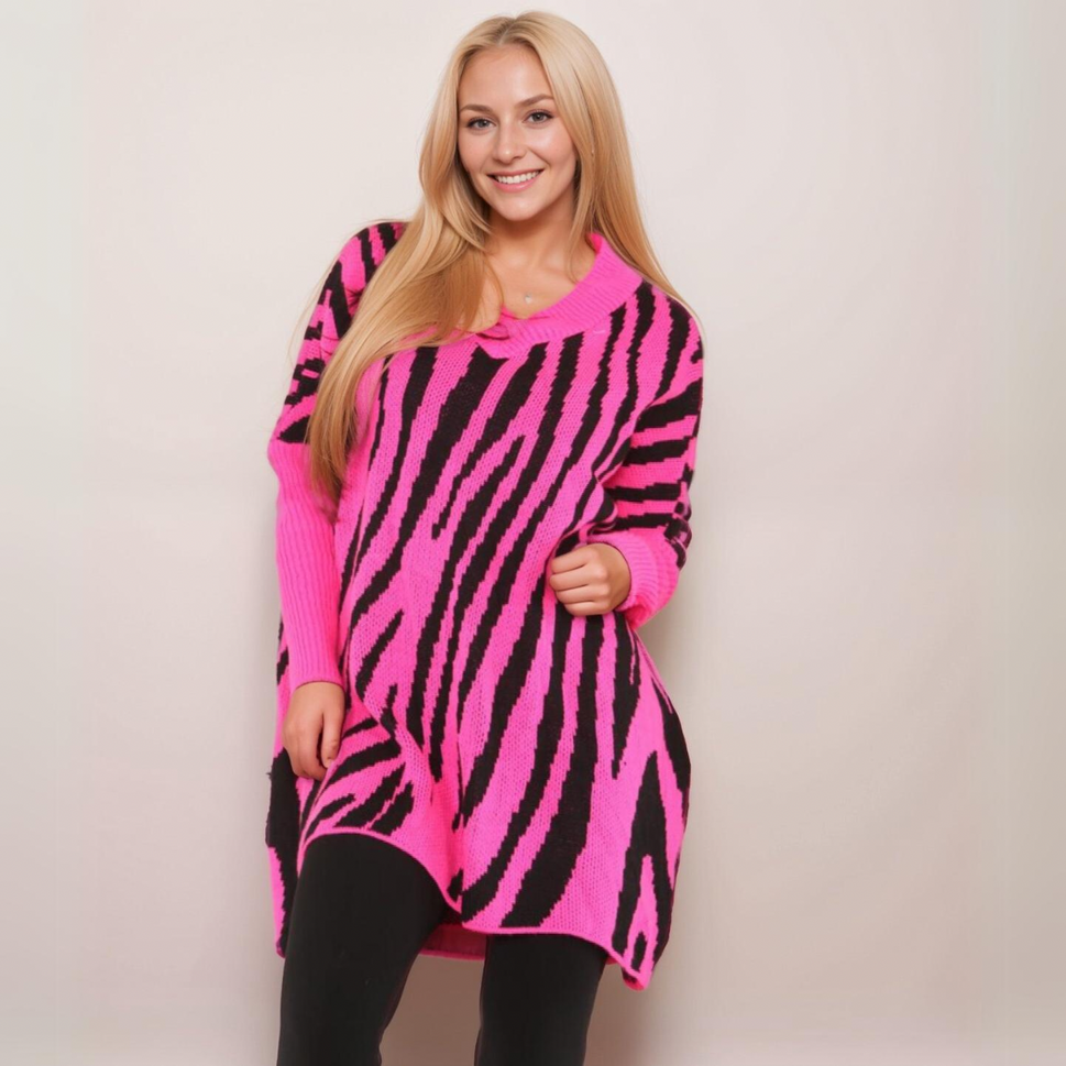 STRIPED OVERSIZED LONG JUMPERFUCHSIA BLACK / UK 16-18