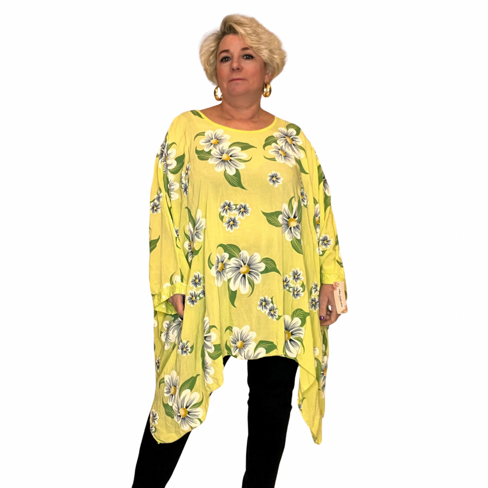 ROCKTHOSECURVES FLORAL OVERSIZED KAFTAN / BLOUSE WITH SEQUIN CUFFSLime / ONE SIZE