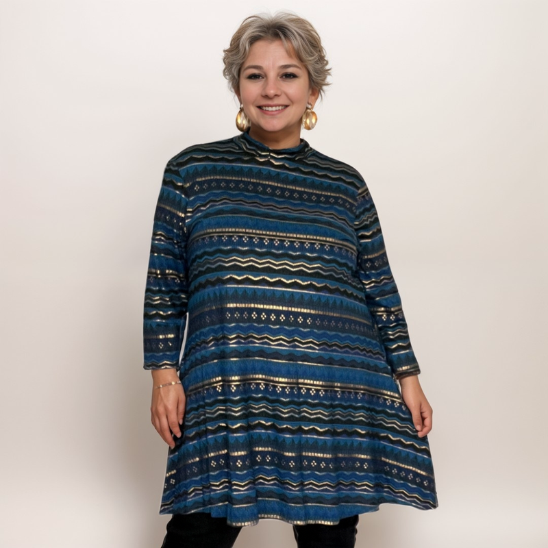 ROCKTHOSECURVES BLUE GOLD AZTEC TURTLE NECK LONG SLEEVE SWING TOP