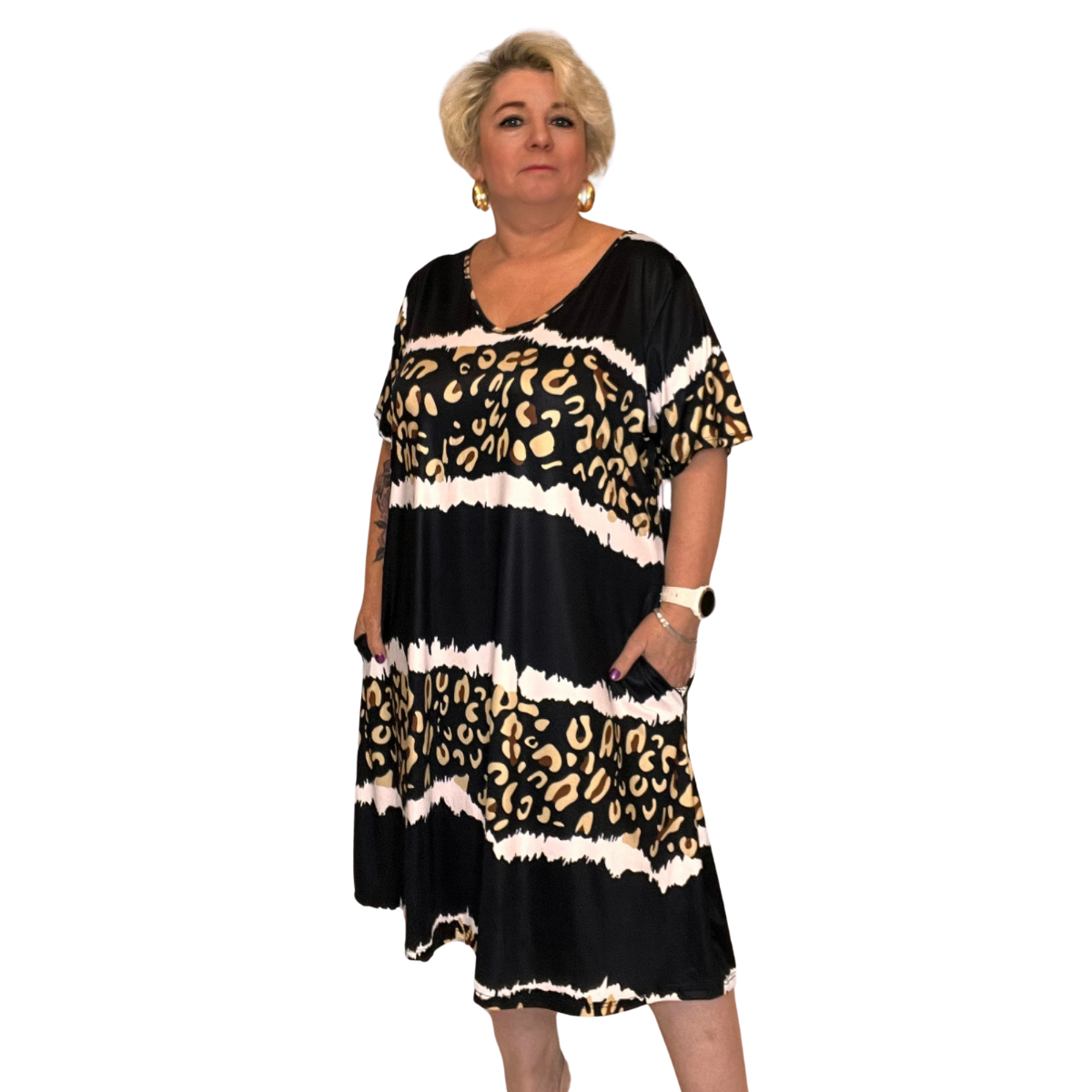 ROCKTHOSECURVES LEOPARD PANEL V NECK SWING DRESS WITH POCKETS