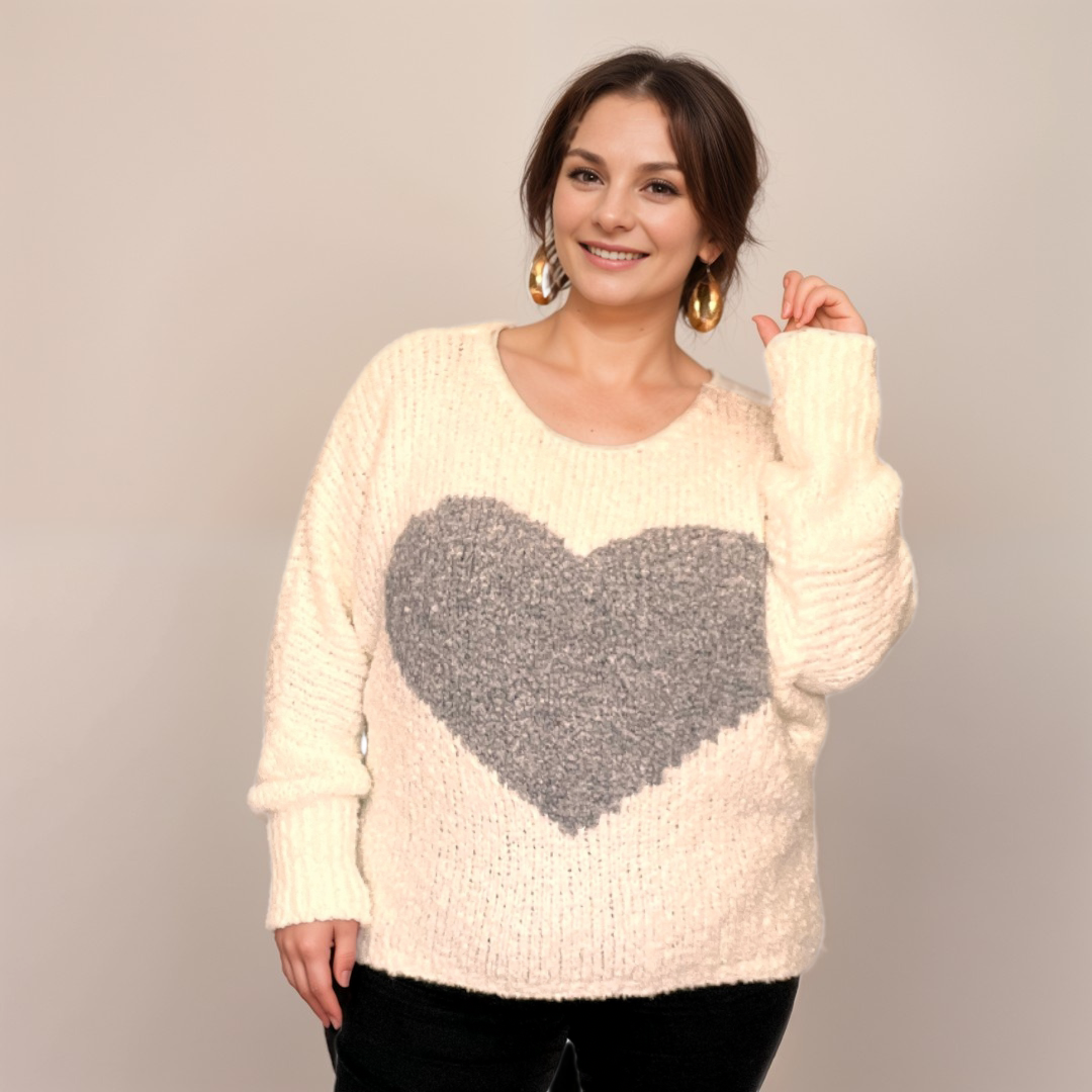 ROCKTHOSECURVES CREAM SOFT FLUFFY JUMPER WITH GREY HEART