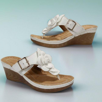 CUSHIONED SOLE WIDE FIT FLOWER T-BAR SANDALS