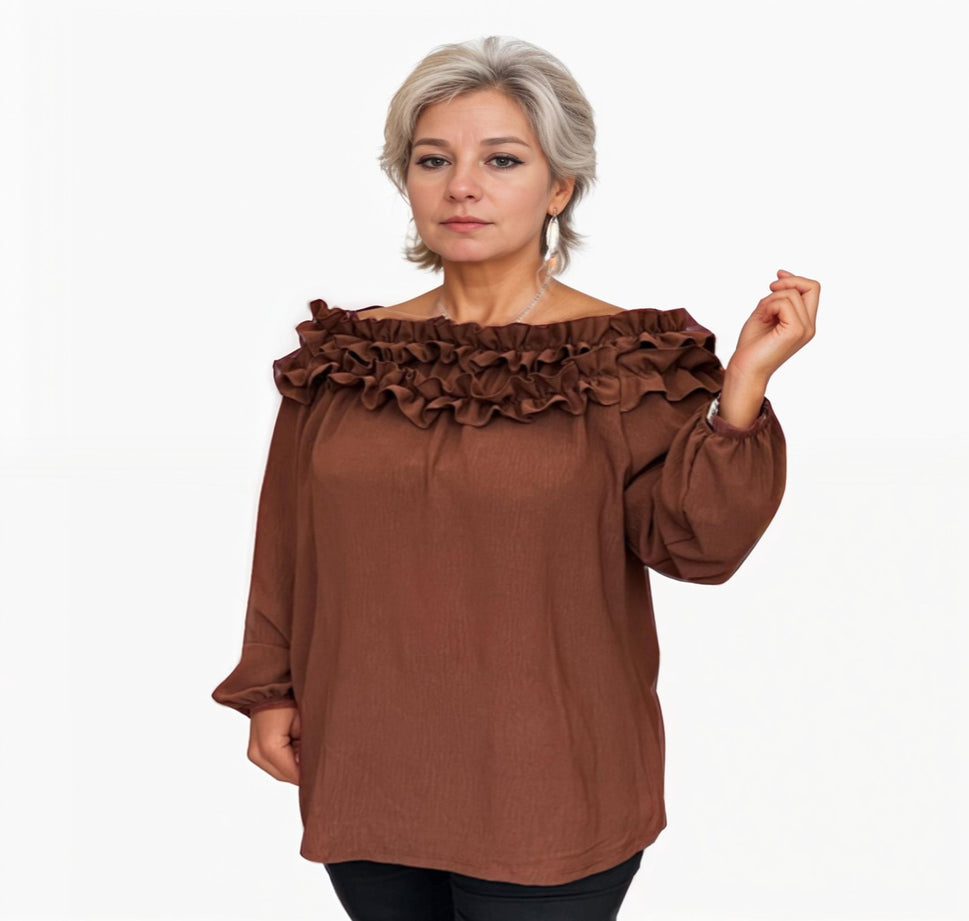 RUFFLED NECK OFF SHOULDER LONG SLEEVE TOP BLOUSEBROWN / UK 12-14