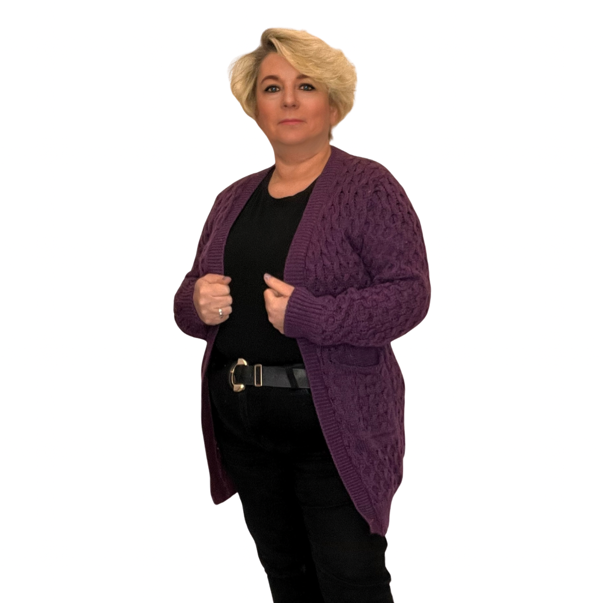 LONG CABLE KNITTED OPEN FRONT CARDIGAN WITH POCKETS