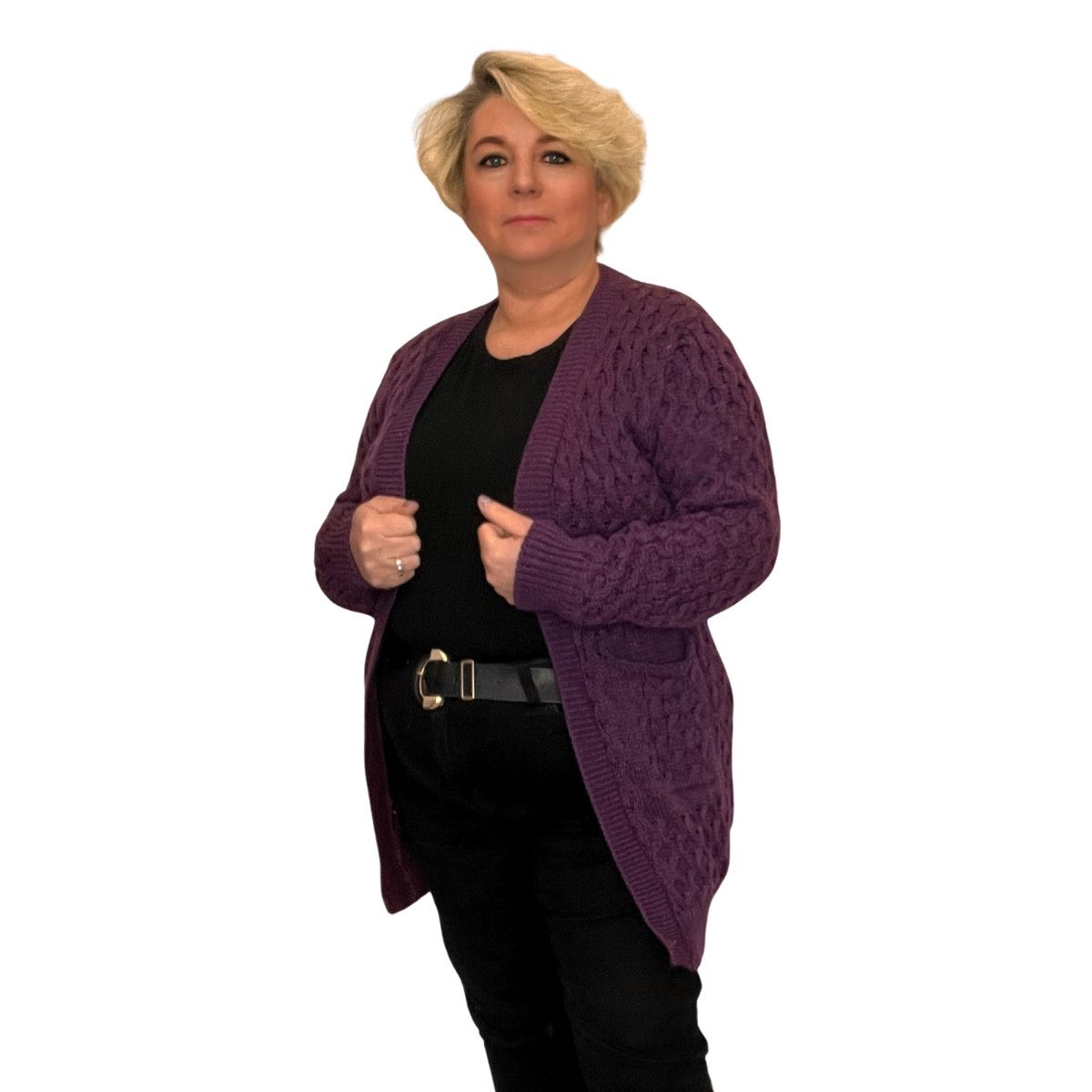 LONG CABLE KNIT OPEN FRONT CARDIGAN + POCKETS