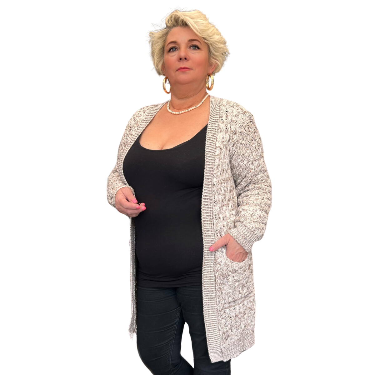 LONG CABLE KNIT OPEN FRONT CARDIGAN + POCKETS