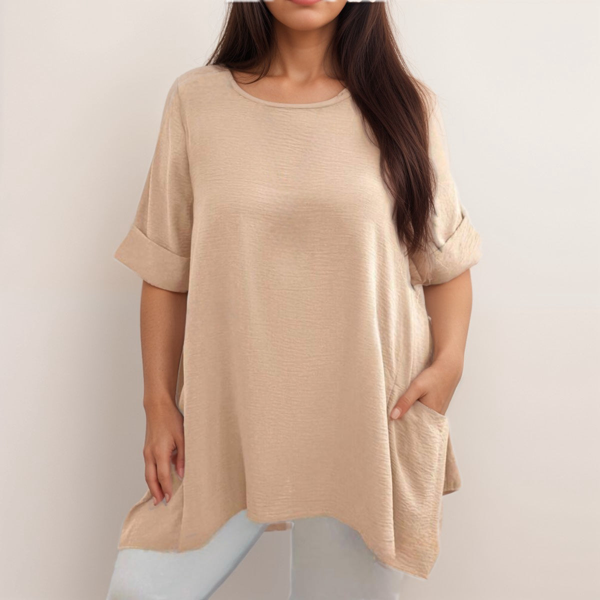 ROCKTHOSECURVES LOOSE FITTING POCKET DETAIL HANKY HEM LONG BLOUSE