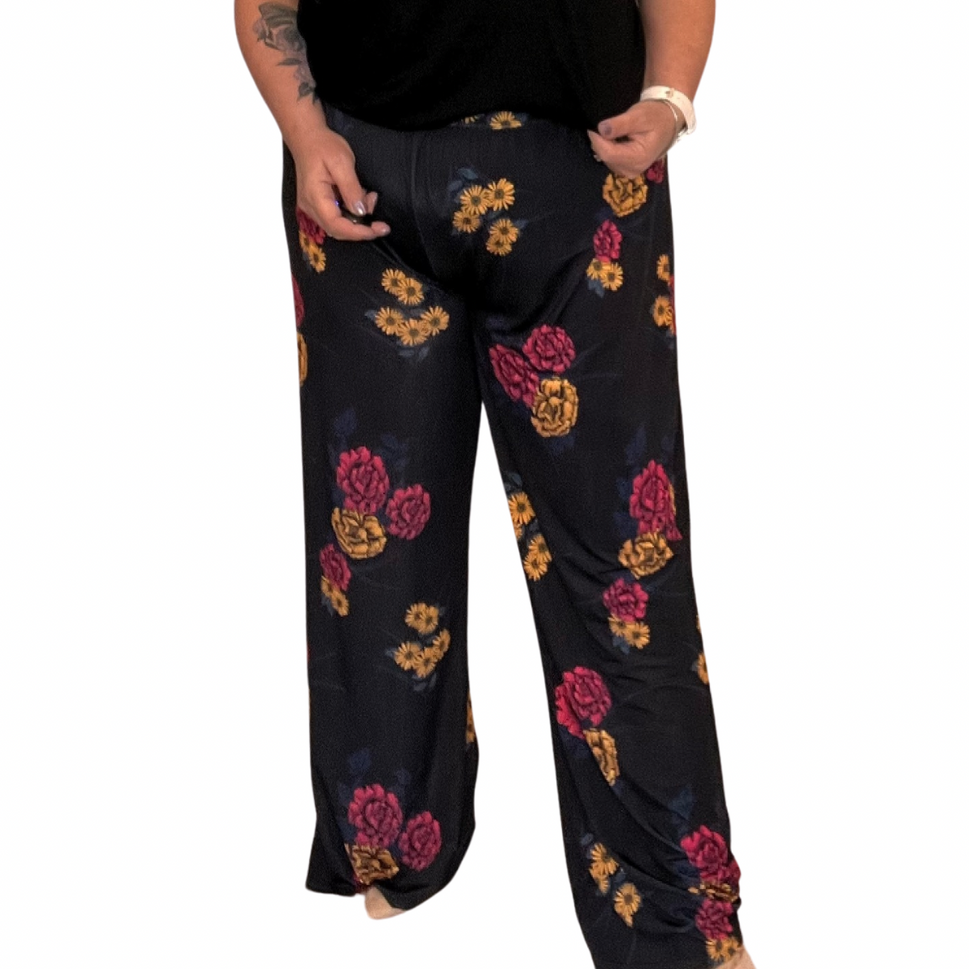 WIDE LEG FLORAL PALAZZO TROUSERS WITH ELASTIC WAIST