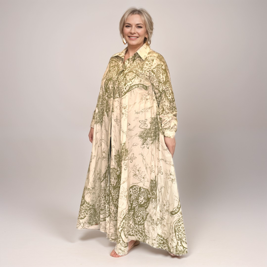 ROCKTHOSECURVES KHAKI BEIGE A-LINE LEOPARD PRINT LONG SLEEVE MAXI DRESS