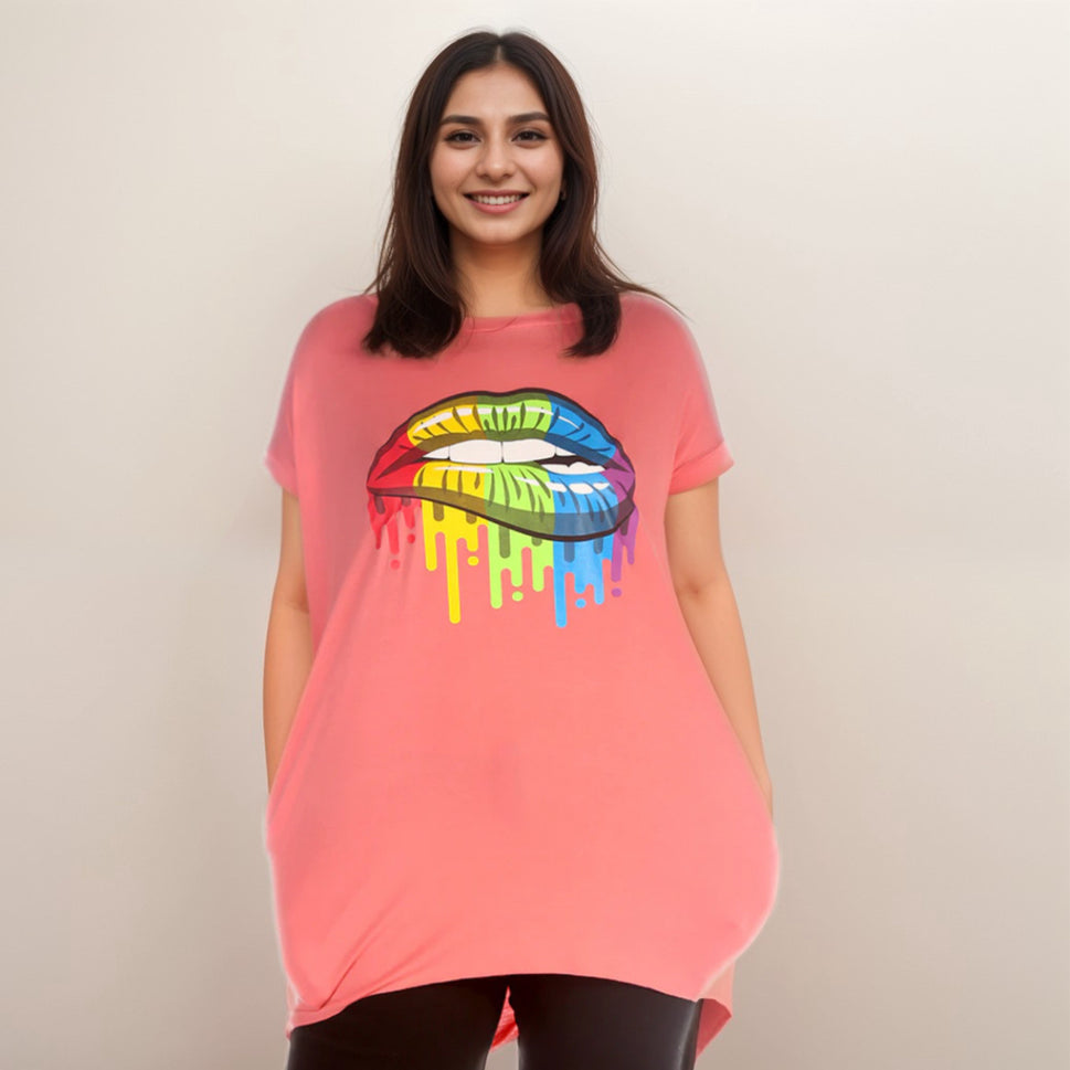 ROCKTHOSECURVES LONG DIPPED HEM TOP RAINBOW LIPS AND SIDE POCKETSNeon Pink / UK 12-14