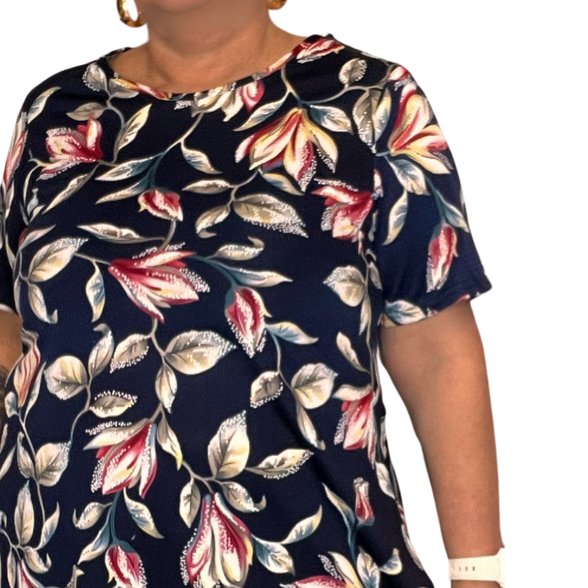 ROCKTHOSECURVES NAVY BLUE LEAF PRINT SHORT SLEEVE SWING TOP