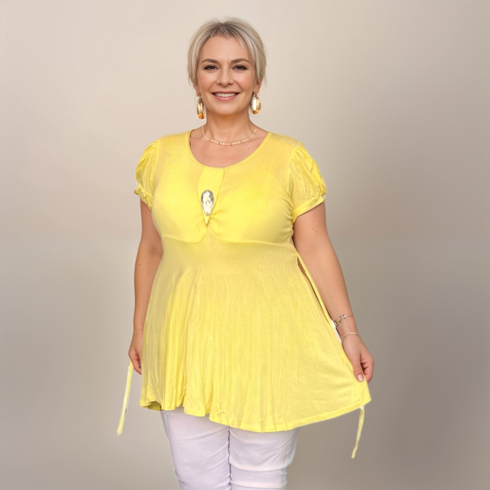 ROCKTHOSECURVES PUFF SLEEVE BUTTON FRONT TUNIC TOPYellow / UK 12