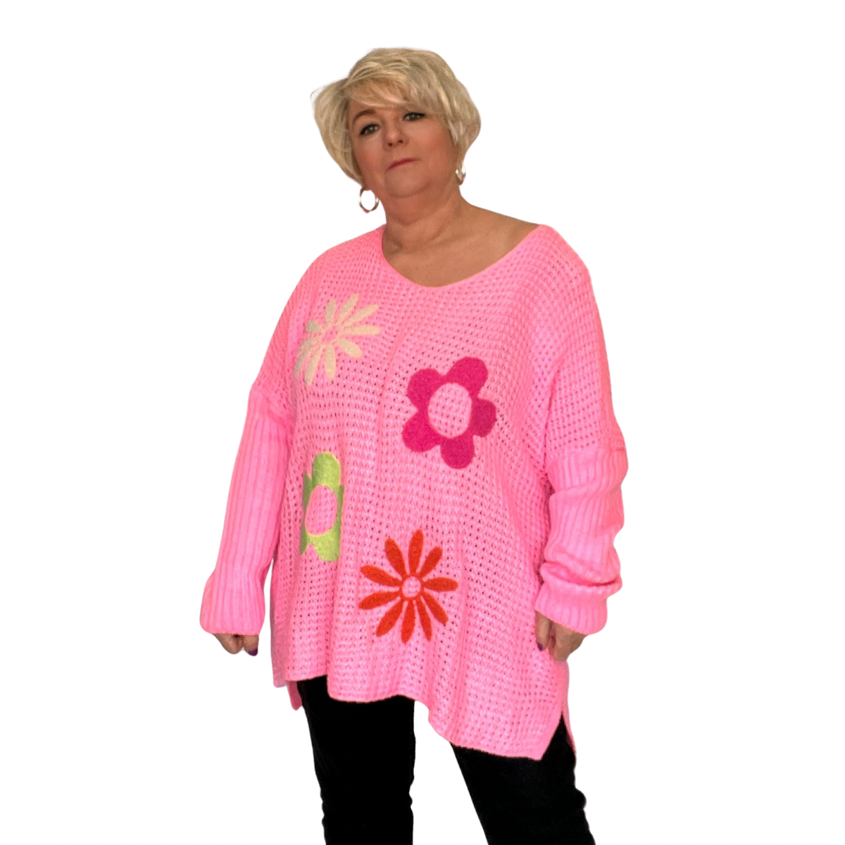 ROCKTHOSECURVES V NECK JUMPER WITH APPLIQUE HIPPY STYLE FLOWERS