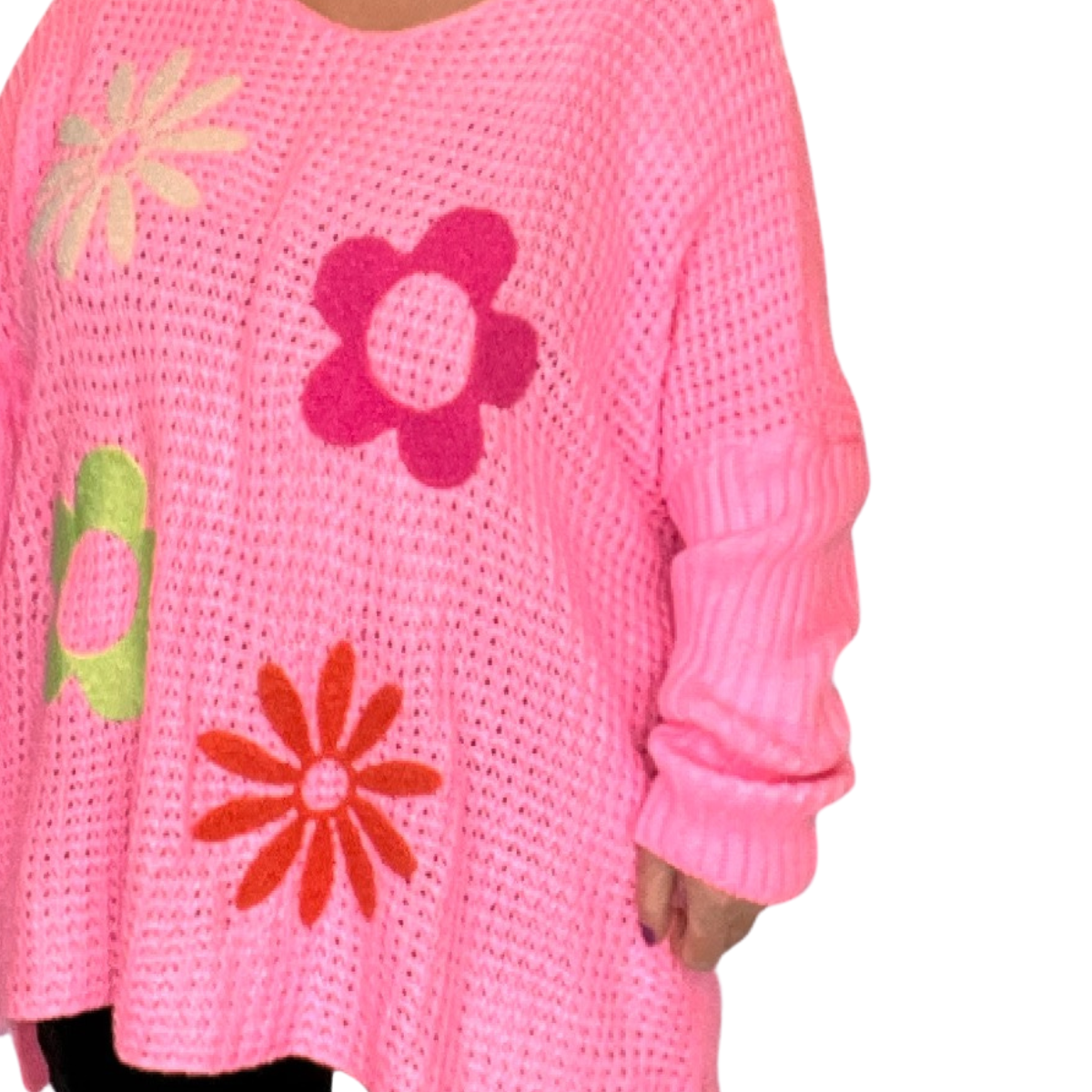 V NECK JUMPER WITH APPLIQUE HIPPY STYLE FLOWERS