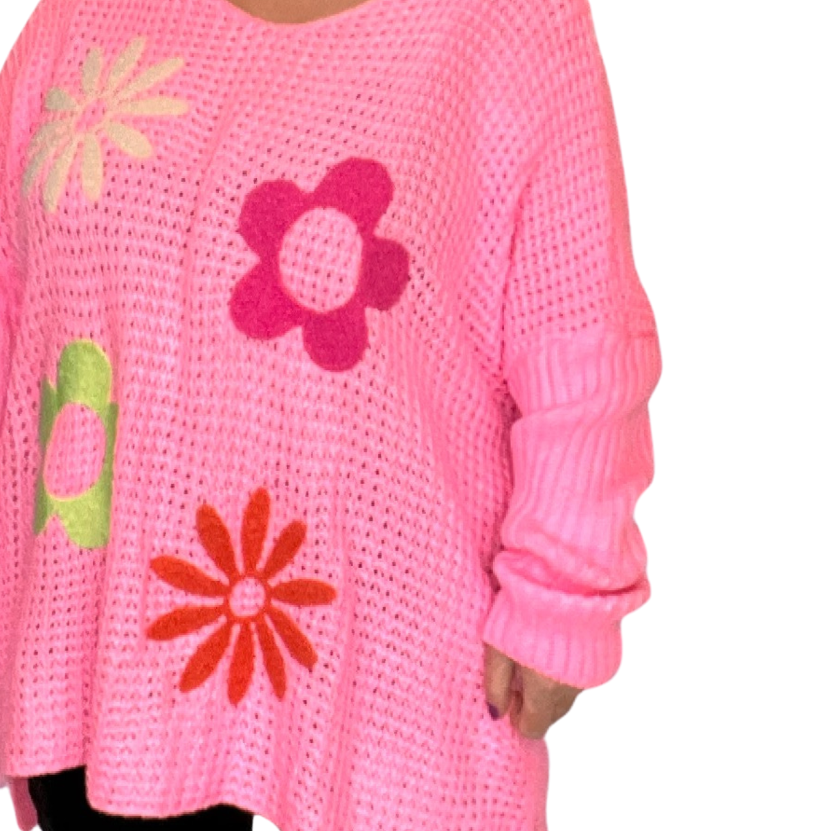 ROCKTHOSECURVES V NECK JUMPER WITH APPLIQUE HIPPY STYLE FLOWERS