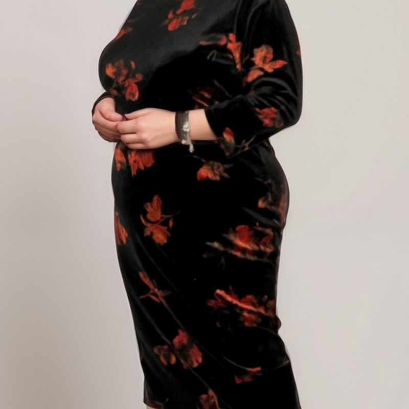 ROCKTHOSECURVES BLACK RED 3/4 SLEEVE STRETCH VELVET MIDI DRESS