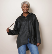 ROCKTHOSECURVES FAUX LEATHER DIPPED HEM JACKET / COAT WITH HOOD