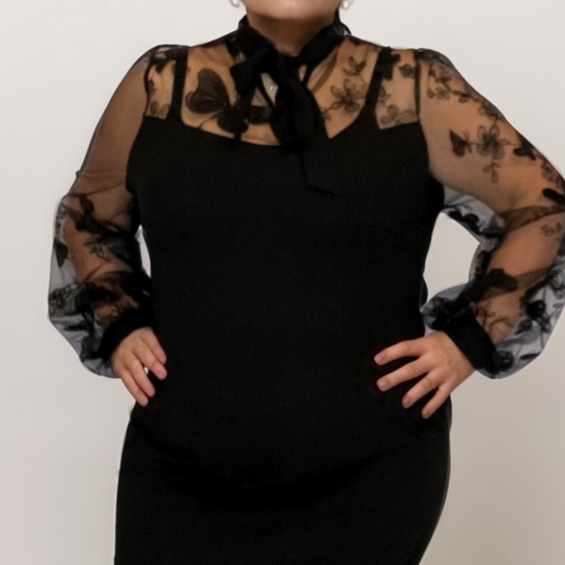 Black Fitted Tie Bow Dress with Lace Detail