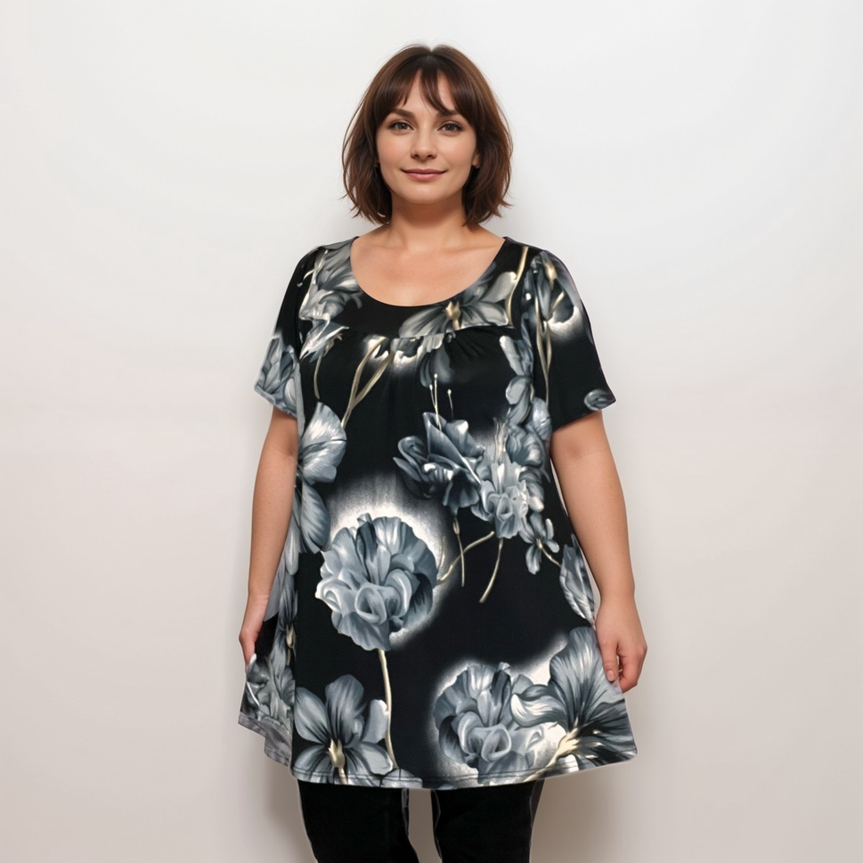 BRIGHT BOLD FLORAL SHORT SLEEVE A-LINE SMOCK TOPBLACK GREY / UK 14